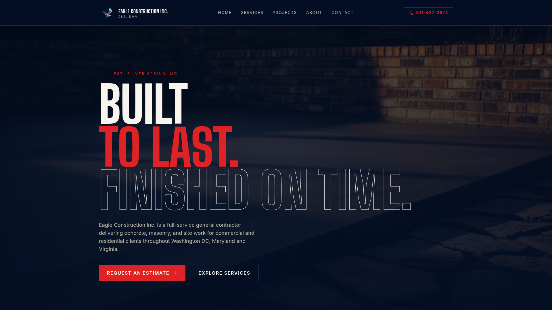Eagle Construction Inc. homepage — DMV general contractor website built by WebDev DMV